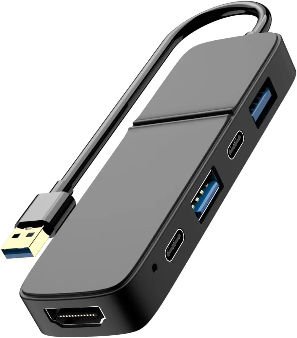 هاب USB 5 در 1، آداپتور چند پورت، 1 پورت HDMI، 2 پورت Type C برای انتقال داده و شارژ، 1 پورت USB 2.0، 1 پورت USB 3.0 برای MacBook Pro/Air، iPad Pro، iMac، iPhone 15 Pro/Pro Max، XPS، Thinkpad