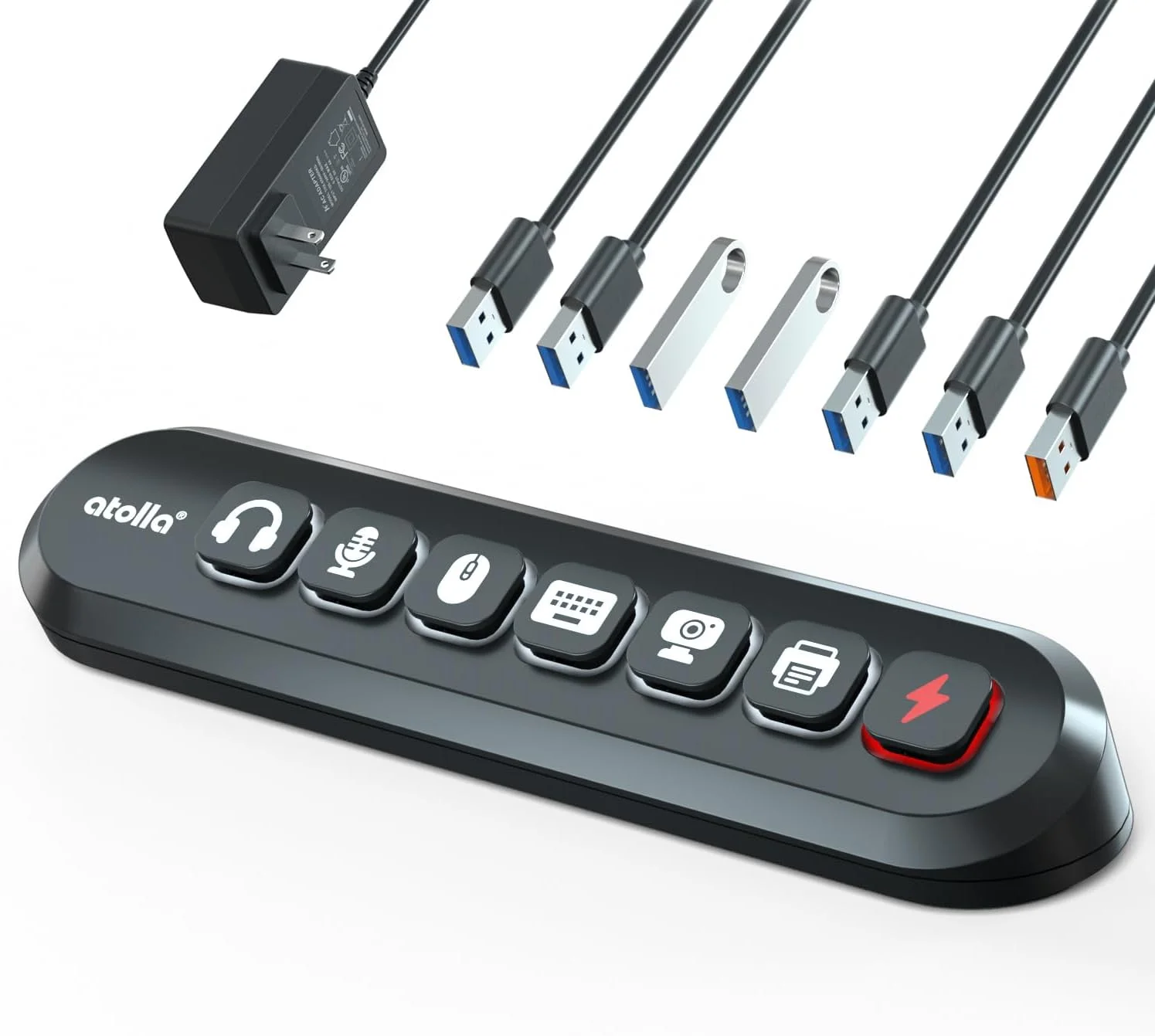 هاب USB پرقدرت، هاب 7 پورت USB 3.0 آتولا (6 پورت انتقال فوق العاده سریع + 1 پورت شارژ سریع) با سوئیچ آیکون نورانی قابل تعویض و آداپتور برق 12V/3A برای ویندوز، MacOS، ChromeOS، لینوکس