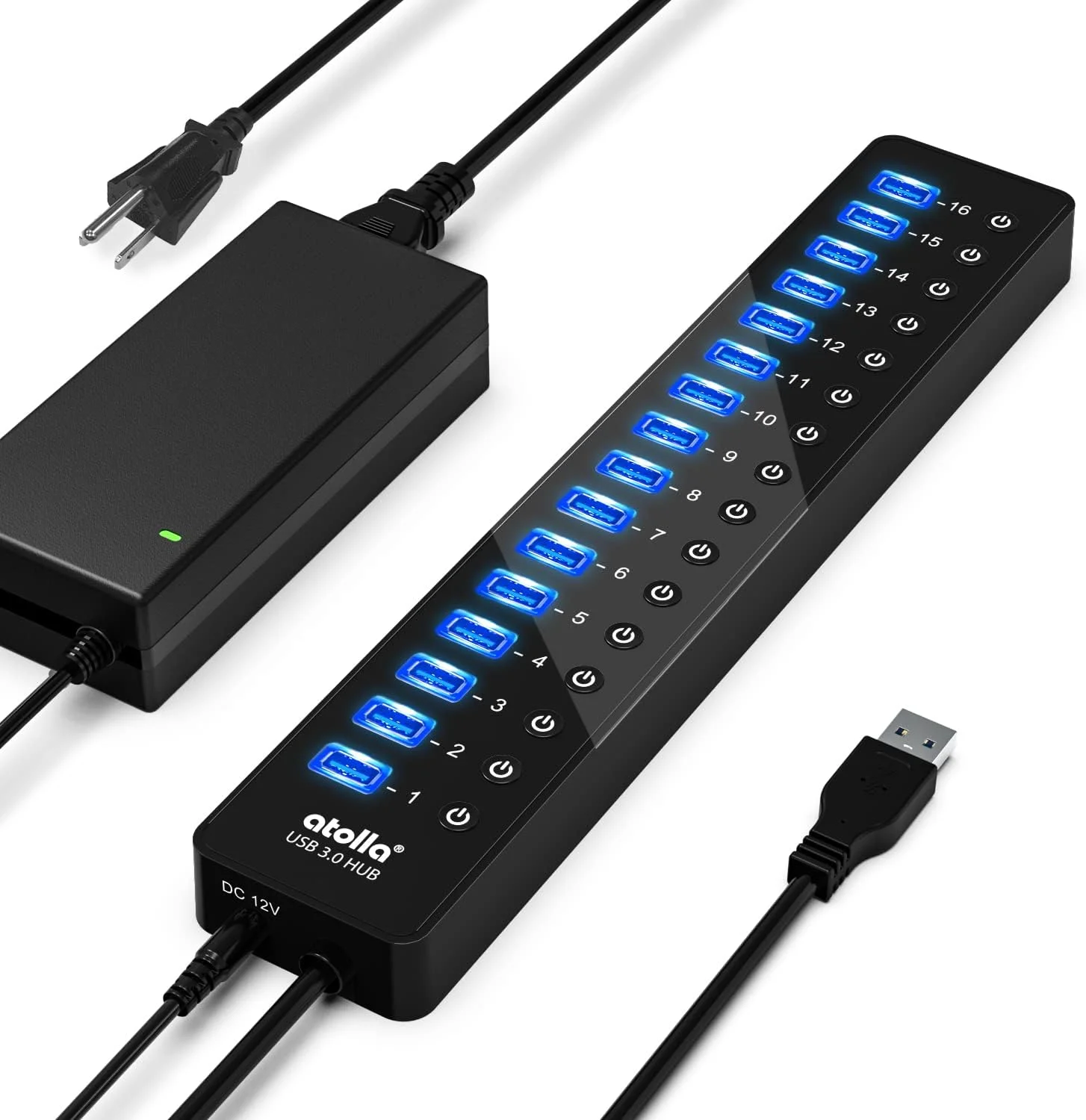 هاب USB 3.0 پرقدرت، اسپلیتر 16 پورت USB آتولا با آداپتور برق 12V/6A و سوئیچ های جداگانه، انتقال داده با سرعت بالا برای لپ تاپ، کامپیوتر شخصی، مک و دستگاه های بیشتر