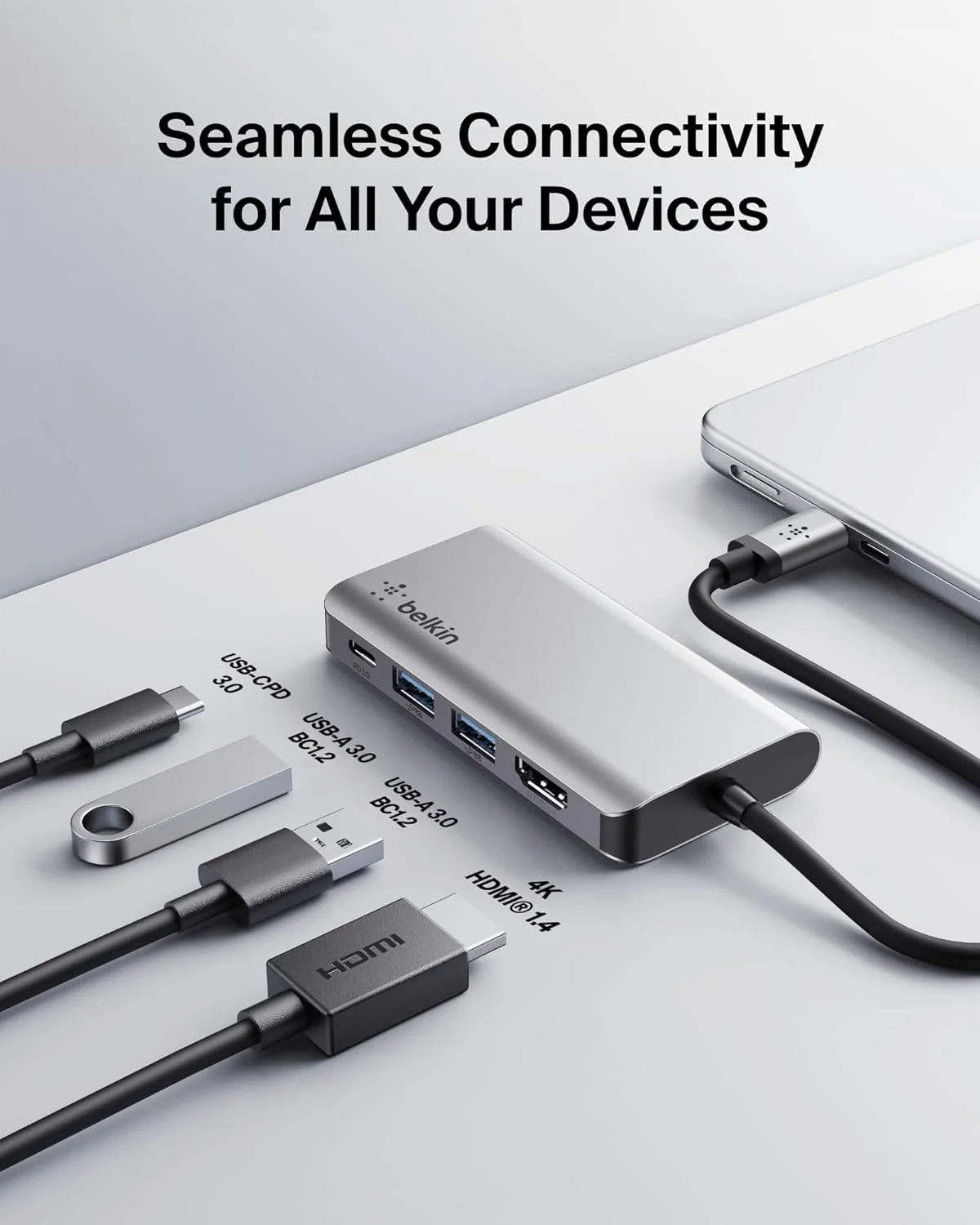 هاب USB C بلکین، داک لپ تاپ 4 در 1 با پورت های متعدد شامل HDMI 4K، ایستگاه اتصال USB C با توان عبوری 100 وات، 2 پورت USB A برای مک بوک پرو، ایر، آیپد پرو، کروم بوک و غیره هاب USB C بلکین، داک لپ تاپ 4 در 1 با پورت های متعدد شامل HDMI 4K، ایستگاه اتصال USB C با توان عبوری 100 وات، 2 پورت USB A برای مک بوک پرو، ایر، آیپد پرو، کروم بوک و غیره