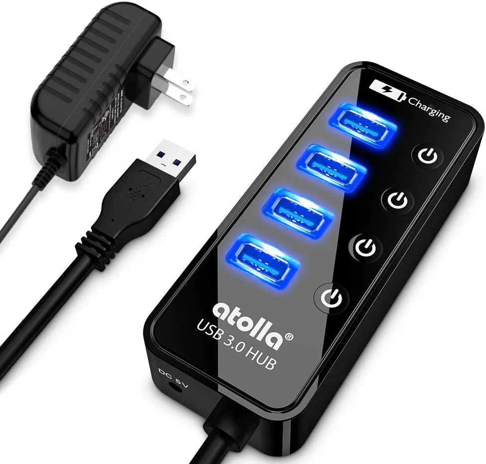 هاب USB 3.0 آتولا 4 پورت با 4 پورت انتقال داده، 1 پورت شارژ هوشمند، سوئیچ های روشن/خاموش جداگانه و آداپتور 5 ولت/3 آمپر