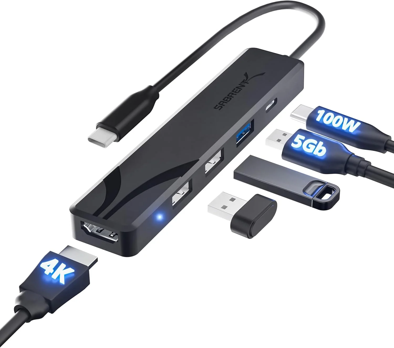 هاب USB C سابرنت با HDMI 4K 60Hz، 3 پورت USB A، شارژر PD 100W، آداپتور چند پورت 5 در 1، داک چندگانه پورت USB-C سازگار با MacBook، iPhone 15/16، iPad، Steam Deck، لپ تاپ، PC (HB-TC5P)