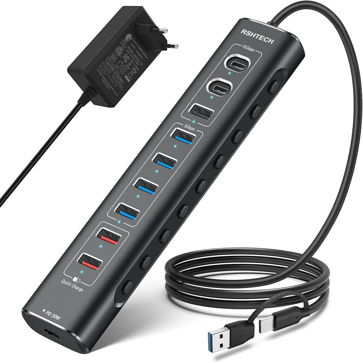 هاب آلومینیومی 10 پورت USB C 3.0/3.2 اکتیو RSHTECH با آداپتور برق، 3 پورت USB 3.2 با سرعت 10 گیگابیت بر ثانیه (2 پورت Type-C، 1 پورت Type-A)، 4 پورت با سرعت 5 گیگابیت بر ثانیه، 2 پورت شارژ سریع، 1 پورت USB-C PD 20 واتی، 60 وات 12 ولت/5 آمپر، کابل 2 در 1، مدل RSH-A10QPD
