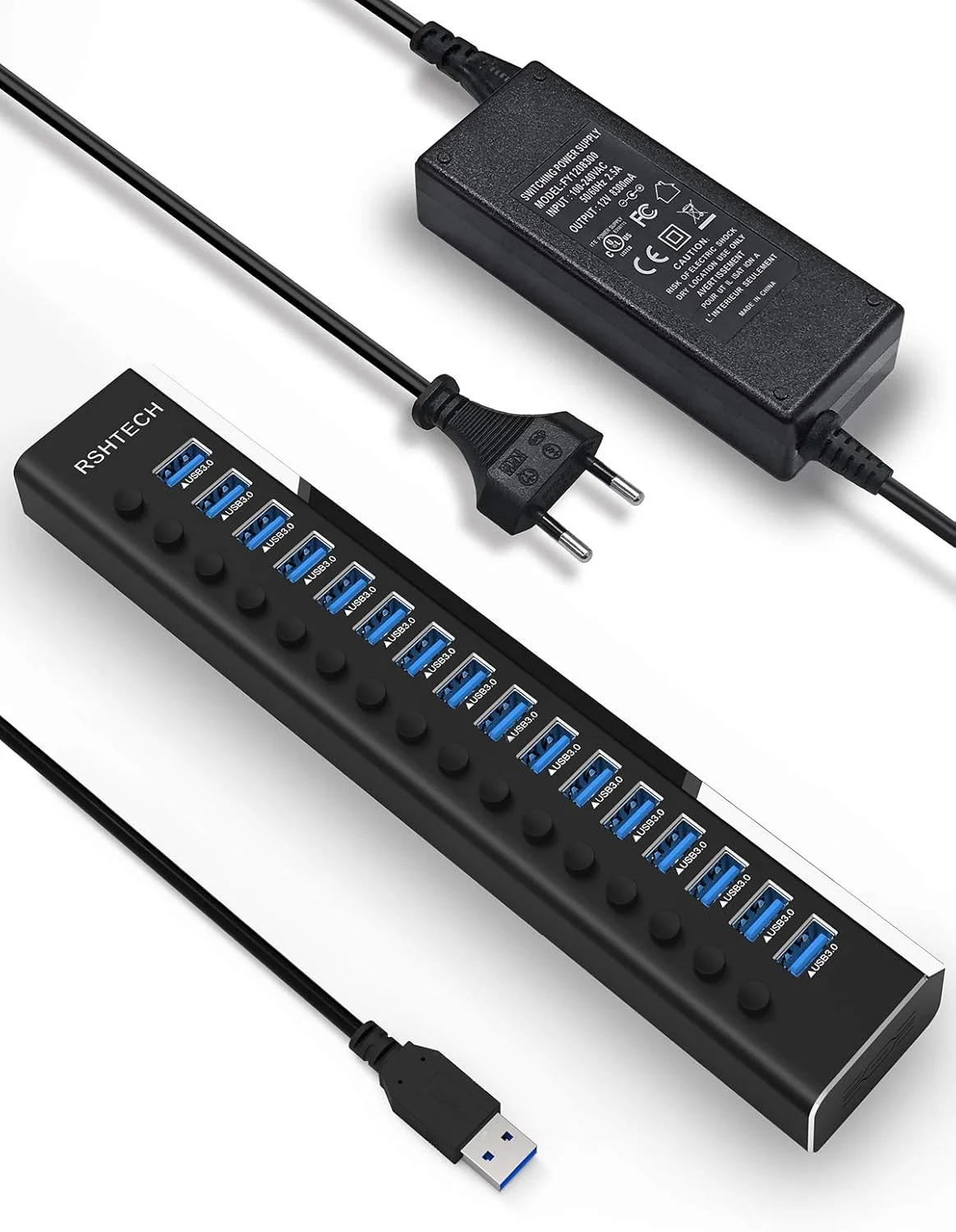 هاب USB 3.0 شانزده پورت RSHTECH اکتیو با منبع تغذیه 100 واتی، هاب آلومینیومی چند پورت USB 3.0 با منبع تغذیه 12 ولت/8.3 آمپر و سوئیچ، برای کامپیوتر، هارد دیسک موبایل، فلش درایو، درجه تجاری حرفه ای، RSH-A16