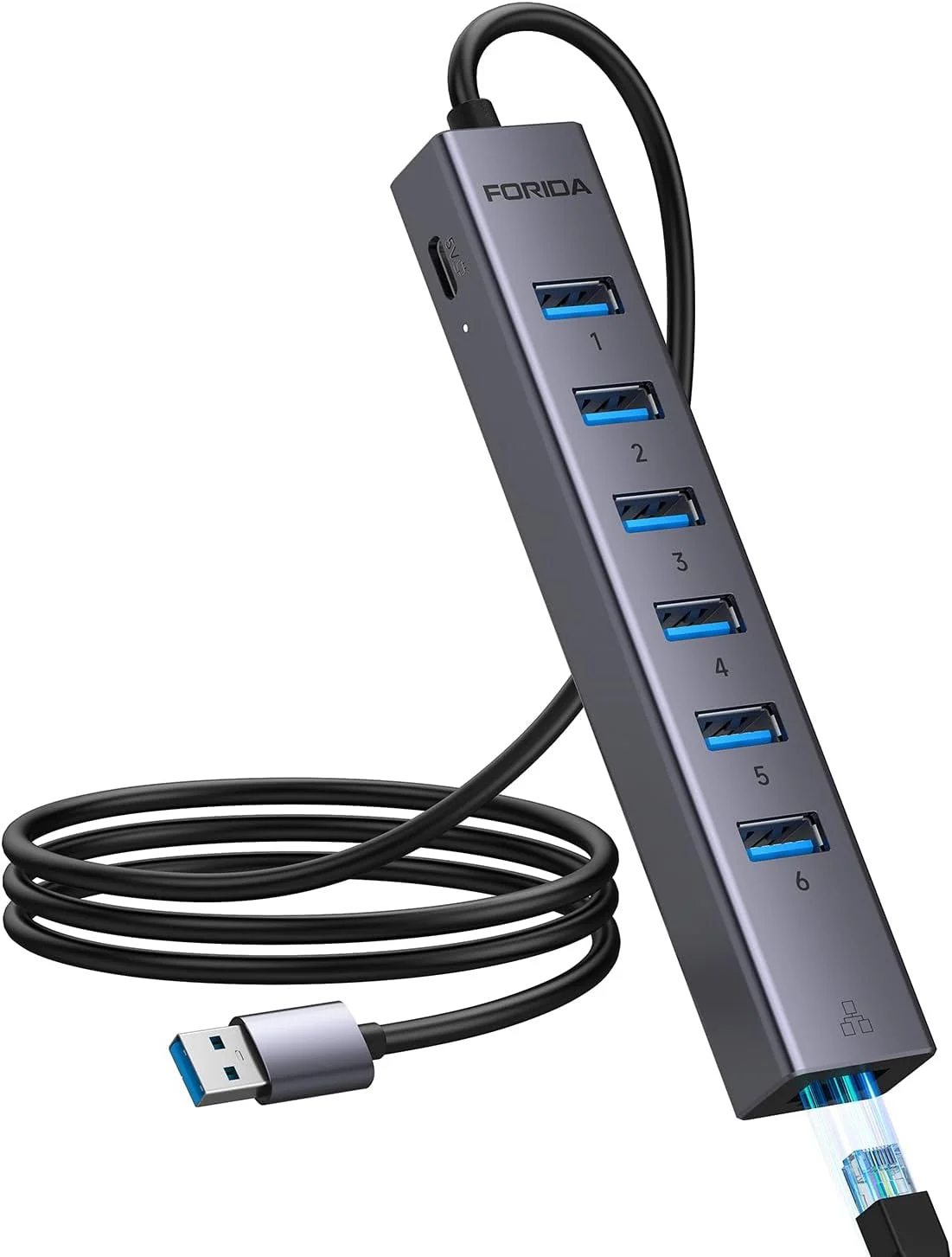 هاب USB3.0 با 8 پورت، هاب USB به شبکه با 6 پورت 3.0، پورت گیگابیتی اترنت و پورت برق 5V/3A، آلومینیومی، آداپتور شبکه توسعه دهنده برای لپ تاپ، IMAC، PC، درایوهای فلش USB و غیره (خاکستری تیره)