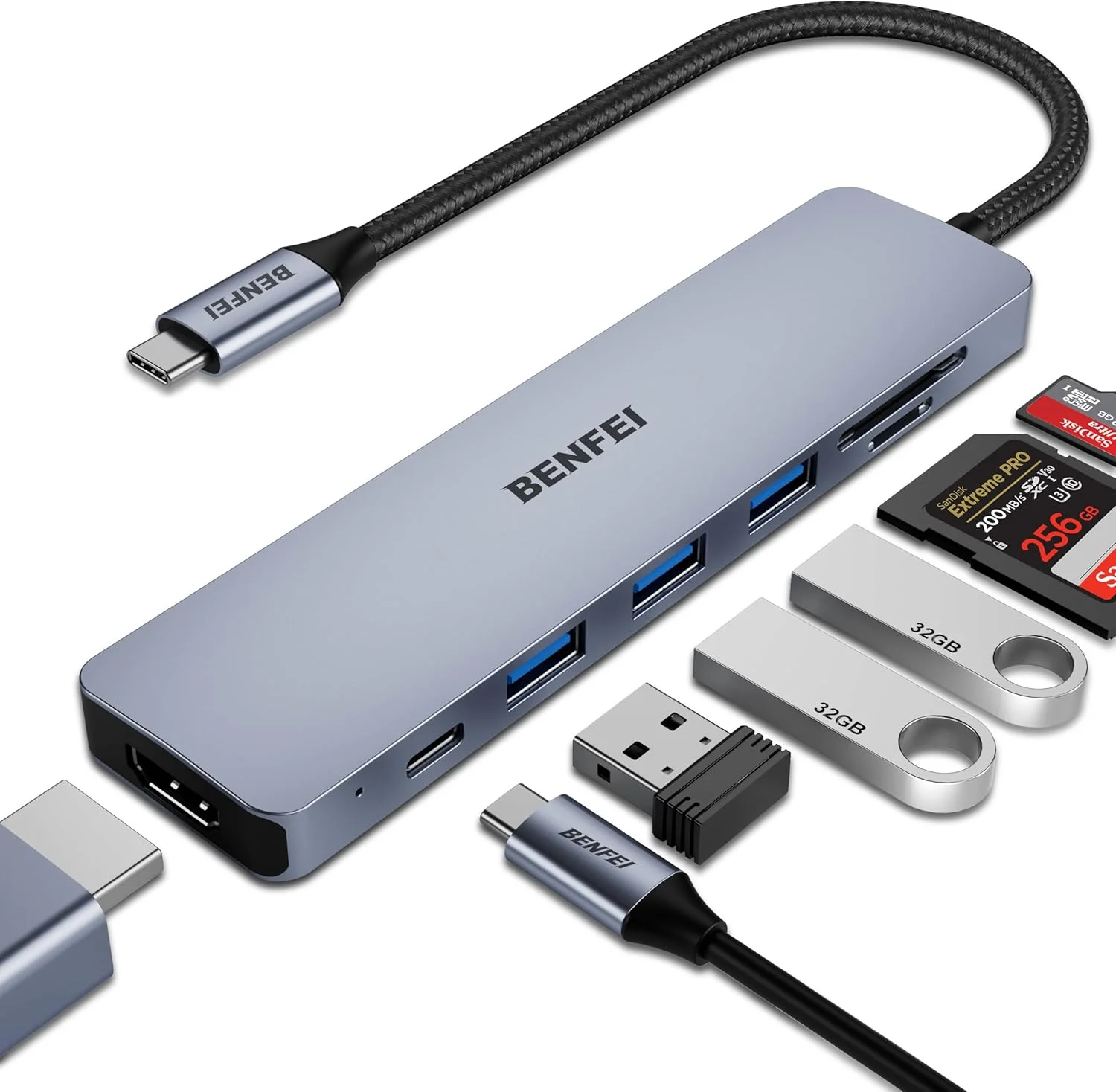 هاب USB C بنفی 7 در 1، آداپتور چند پورت USB-C با HDMI (دارای گواهی 4K@60Hz)/ تحویل برق 100W/ 3*USB 3.0 5Gbps/ کارت خوان SD/TF (160MB/s) برای آیفون 15 پرو/مکس، مک بوک، آیپد پرو، آی مک، S23، XPS17