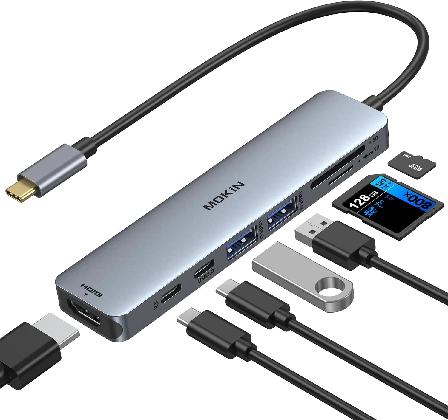 هاب USB C موکین، آداپتور Type C شش در یک با HDMI 4K@30Hz، 2 پورت USB 3.0 / 1 پورت USB 2.0، کارت خوان SD/Micro، سازگار با MacBook Pro، MacBook Air، XPS و سایر دستگاه های Type-C