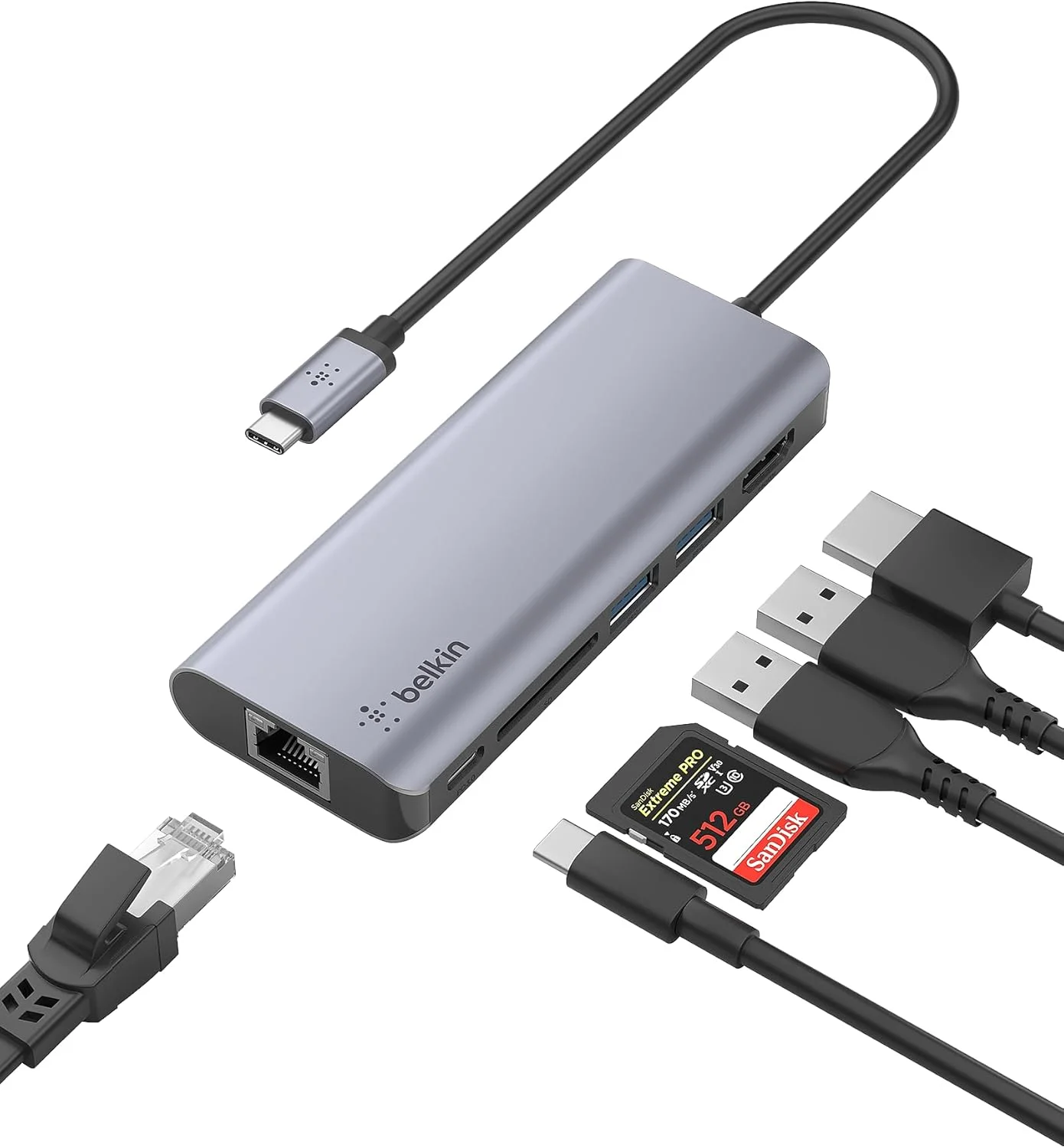 هاب USB-C بلکین، داک آداپتور چند پورت 6 در 1 با HDMI 4K، USB-C و 100 وات برای شارژ (عبوردهنده)، 2x USB A، گیگابیت اترنت و اسلات SD برای دستگاه هایی مانند Macbook Pro، Air، iPad Pro و XPS
