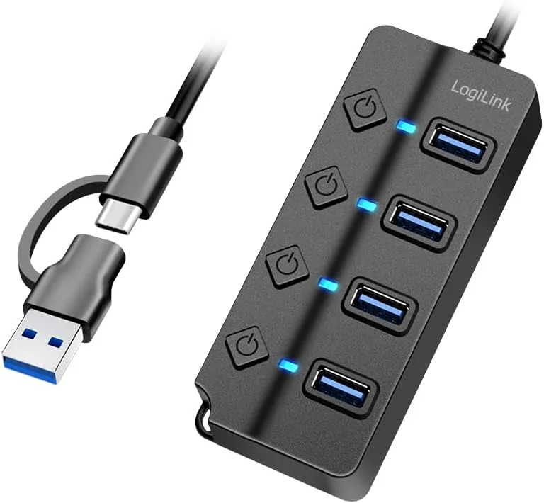 هاب USB 3.2 Gen1 LogiLink UA0419 با 4 پورت و کلید روشن/خاموش (برای هر پورت)