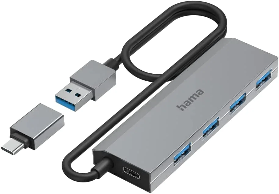 هاب USB هاما 4 پورت (اتصال USB-A و USB-C، با آداپتور برق، 4 عدد USB-A برای ماوس، کیبورد، هارد دیسک اکسترنال، فلش مموری و غیره، بدنه آلومینیومی، آداپتور USB برای دفتر کار، خانه)