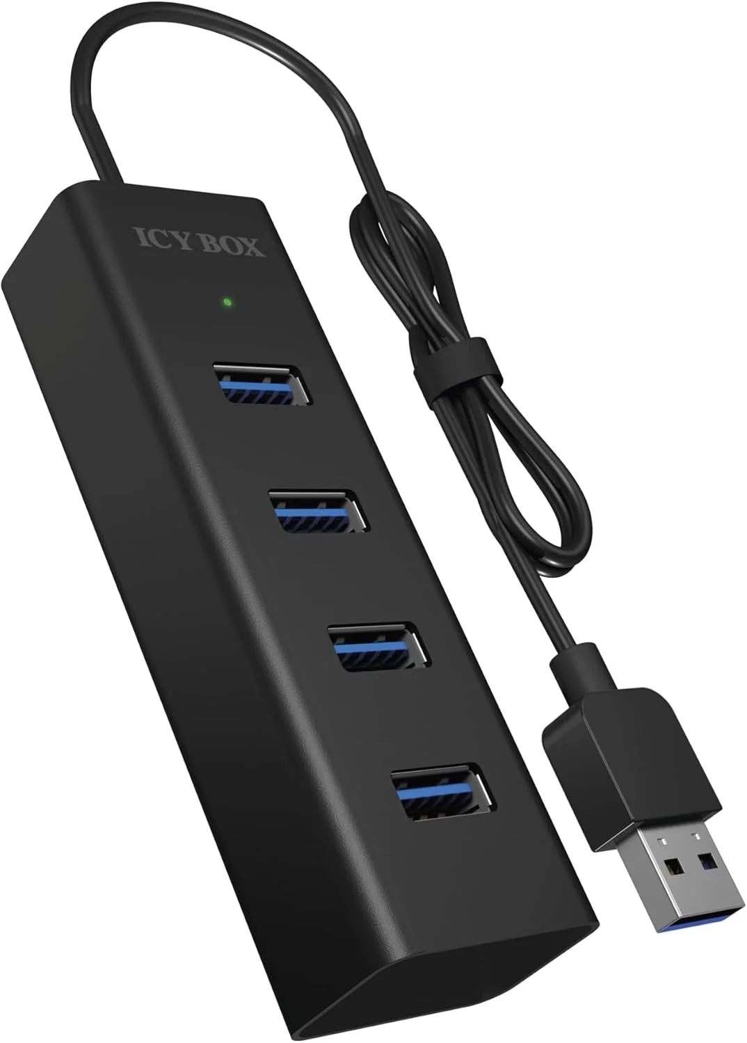 هاب USB چهارتایی Icy Box IB-HUB1409-U3 (اتصال Type-A) با 4 پورت USB 3.0 (Type-A)، کابل یکپارچه (40 سانتی متر)، آلومینیومی، مشکی