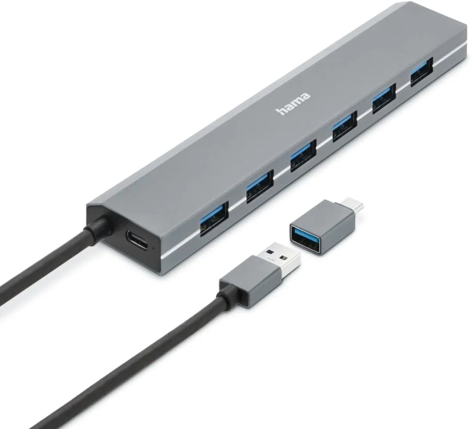 هاب USB هاما با 7 پورت (اتصال USB-A و USB-C، با آداپتور برق، 7 پورت USB-A برای ماوس، کیبورد، هارد دیسک اکسترنال، فلش مموری و غیره، بدنه آلومینیومی، آداپتور USB برای دفتر کار، خانه)