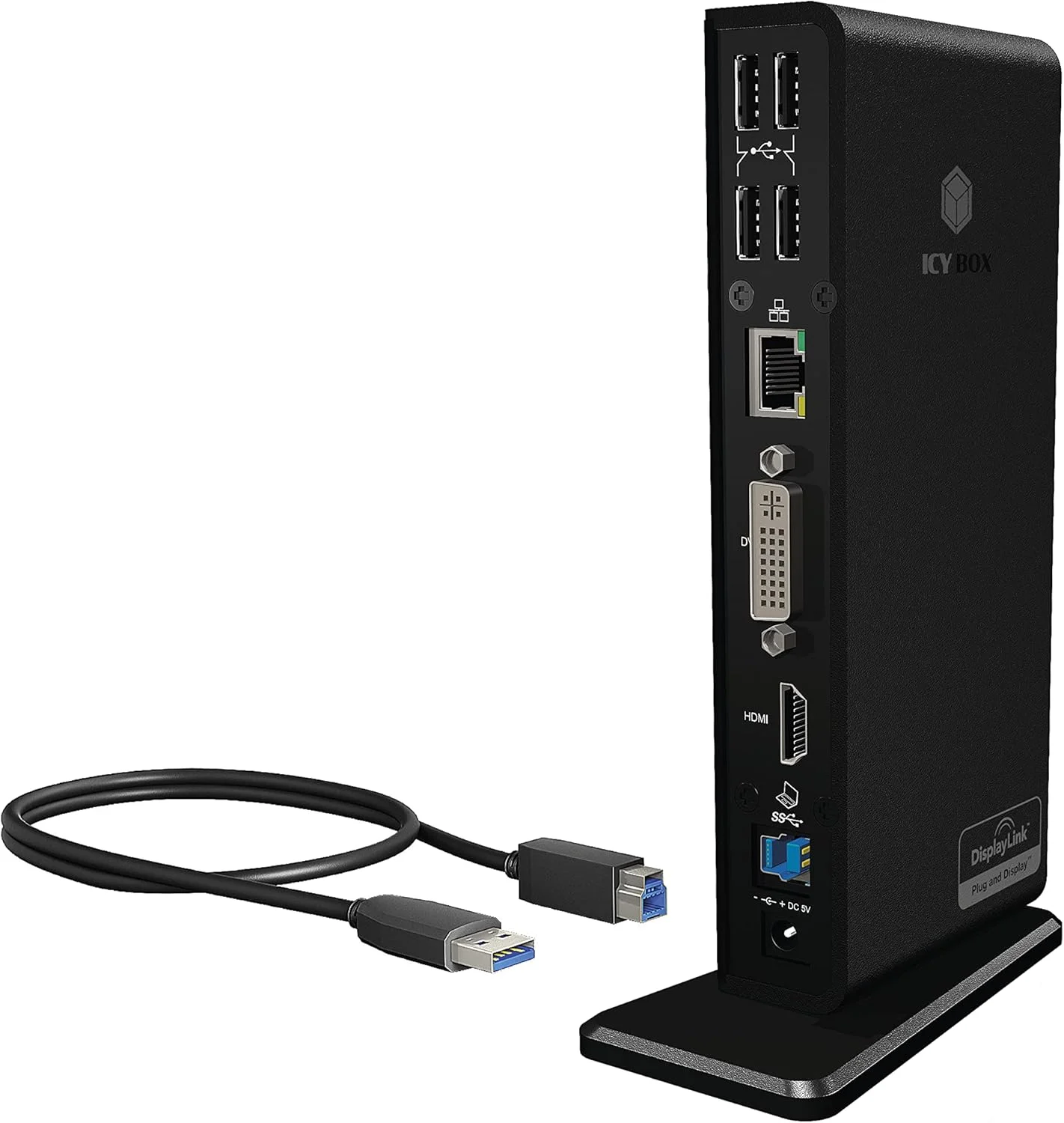 داکینگ استیشن لپ تاپ ICY BOX (11 در 1) برای 2 مانیتور (1x HDMI و 1x DVI) با USB 3.0، هاب USB 6 پورت، گیگابیت اترنت، صدا، مشکی، IB-DK2241AC