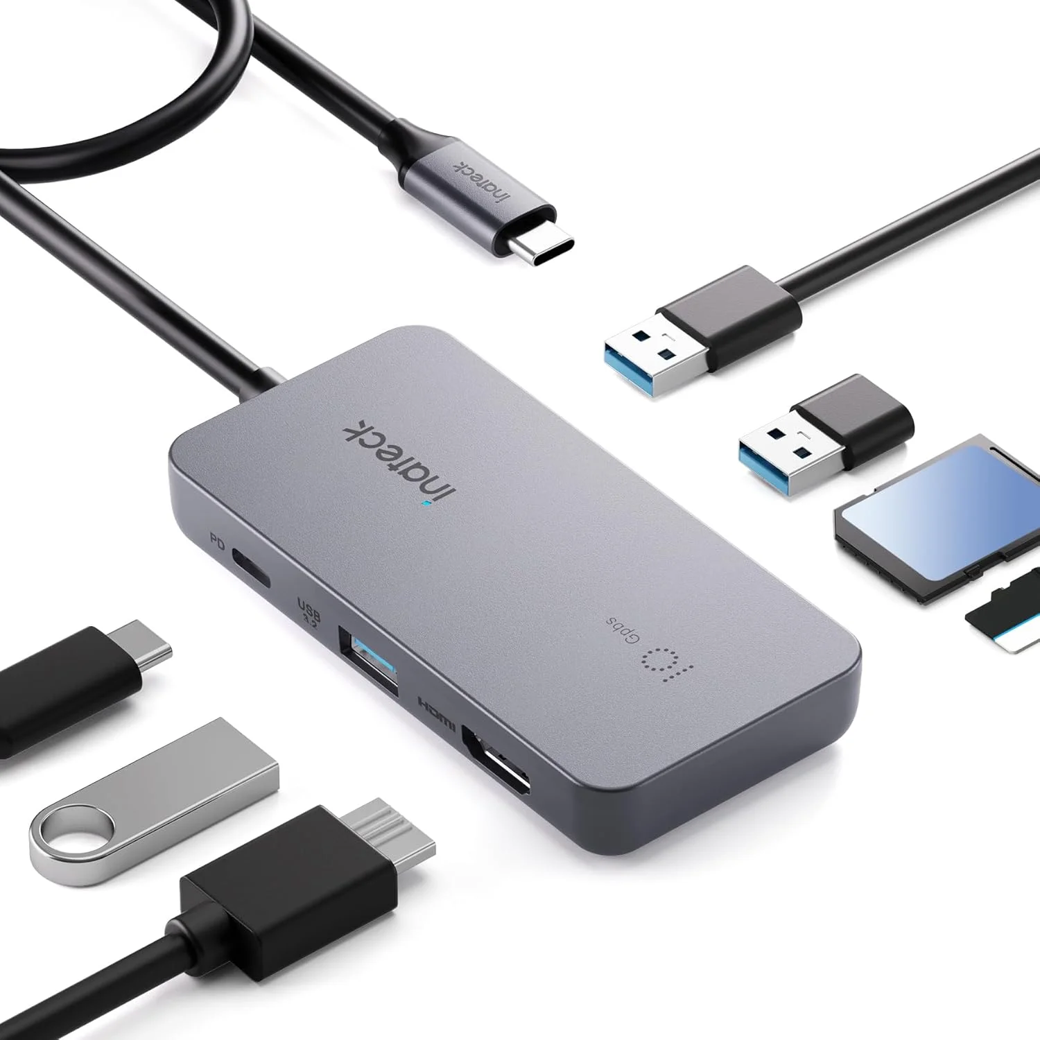 هاب USB C ایناتک 7 در 1 با HDMI 4K، PD 100W، 3 پورت USB A 3.2 10Gbps، کارت خوان SD/TF، کابل 50 سانتی متری، سازگار با Windows 7/8/10/11، Mac OS، Linux