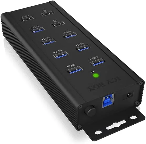 هاب 7 پورت USB 3.0 اکتیو ICY BOX با آداپتور برق (12V/5A)، 3 پورت شارژ، قابلیت نصب روی دیوار، شارژ سریع 3.0، آلومینیومی، IB-HUB1703-QC3