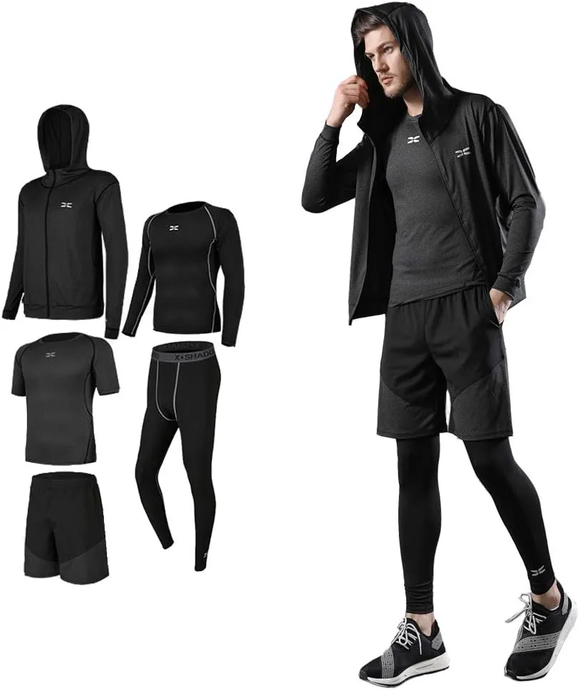 لباس ورزشی مردانه Ademe، ست 5 تکه، شامل تاپ و شلوار، تنفس پذیر، مقاوم در برابر بو، شامل تاپ و شلوار، هودی، آستین بلند، شلوارک، لگ، جذب کننده عرق، خشک شونده سریع