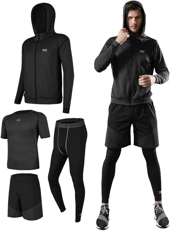 ست لباس ورزشی مردانه آدام، 5 تکه، شامل تاپ و شلوارک، تنفس پذیر، مقاوم در برابر بو، تاپ و شلوارک، هودی، آستین بلند، شلوارک، لگ، جاذب عرق، خشک شونده سریع