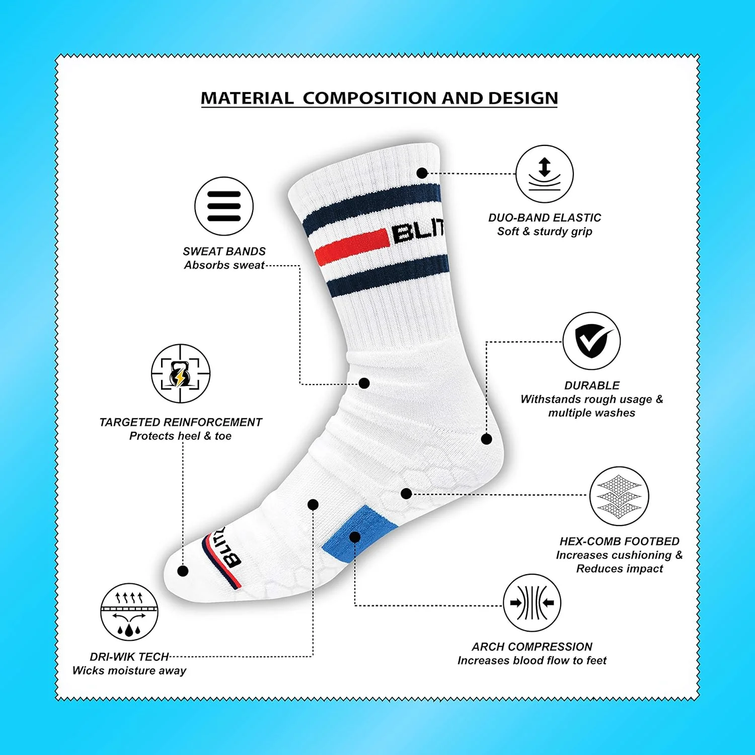 جوراب ساقدار ورزشی با عملکرد بالا BLITZSOX برای مردان و زنان (تنیس، بدمینتون، دویدن، باشگاه)، بسته 3 عددی جوراب ساقدار ورزشی با عملکرد بالا BLITZSOX برای مردان و زنان (تنیس، بدمینتون، دویدن، باشگاه)، بسته 3 عددی