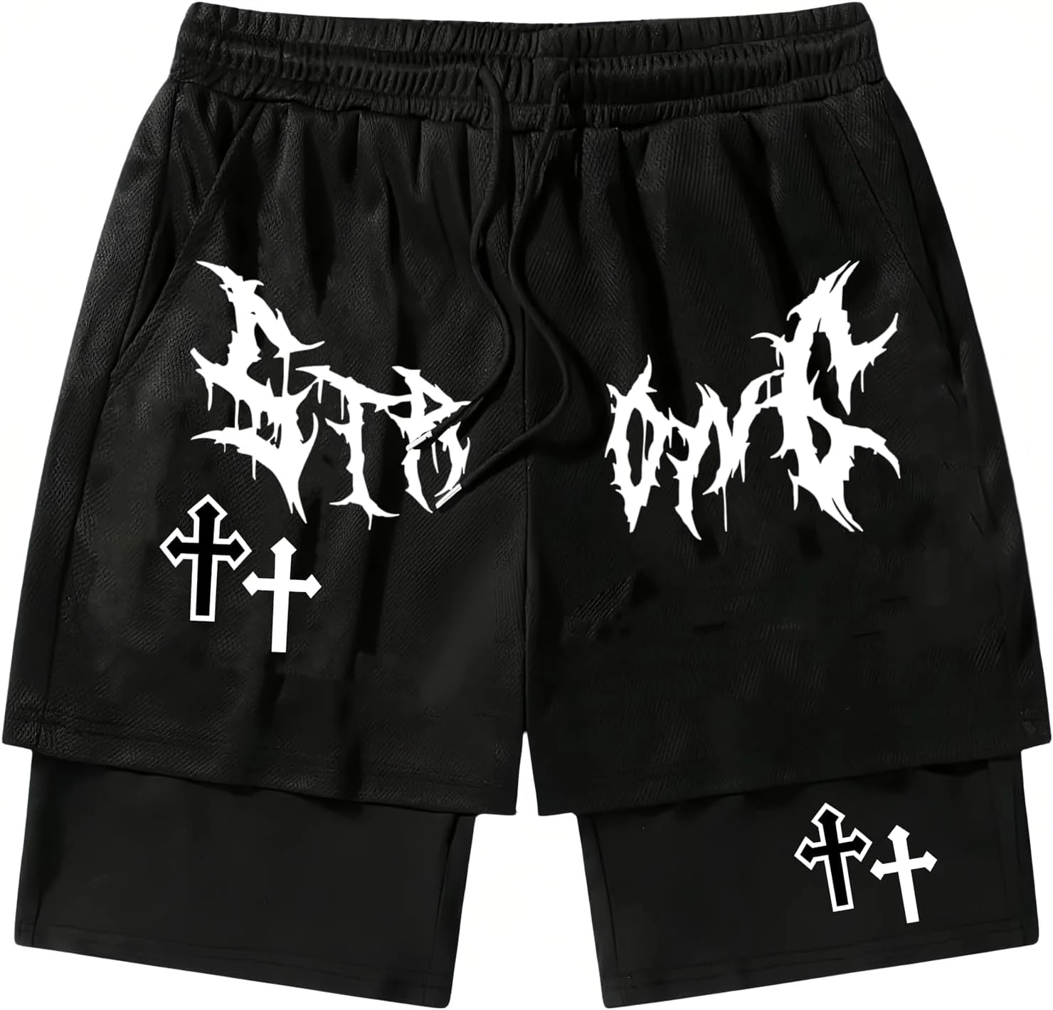 شلوارک ورزشی مردانه طرح گرافیکی گوتیک با آستر و کمر کشی بند دار مناسب باشگاه، دویدن و تمرینات ورزشی، مدل 2 در 1