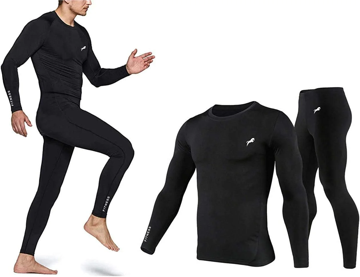 ست ورزشی مردانه جاست رایدر، پلی استر و اسپندکس، شامل پیراهن فشاری و شلوار تنگ، آستین بلند، خشک‌شونده سریع، مناسب باشگاه، یوگا (مشکی، مدیوم)