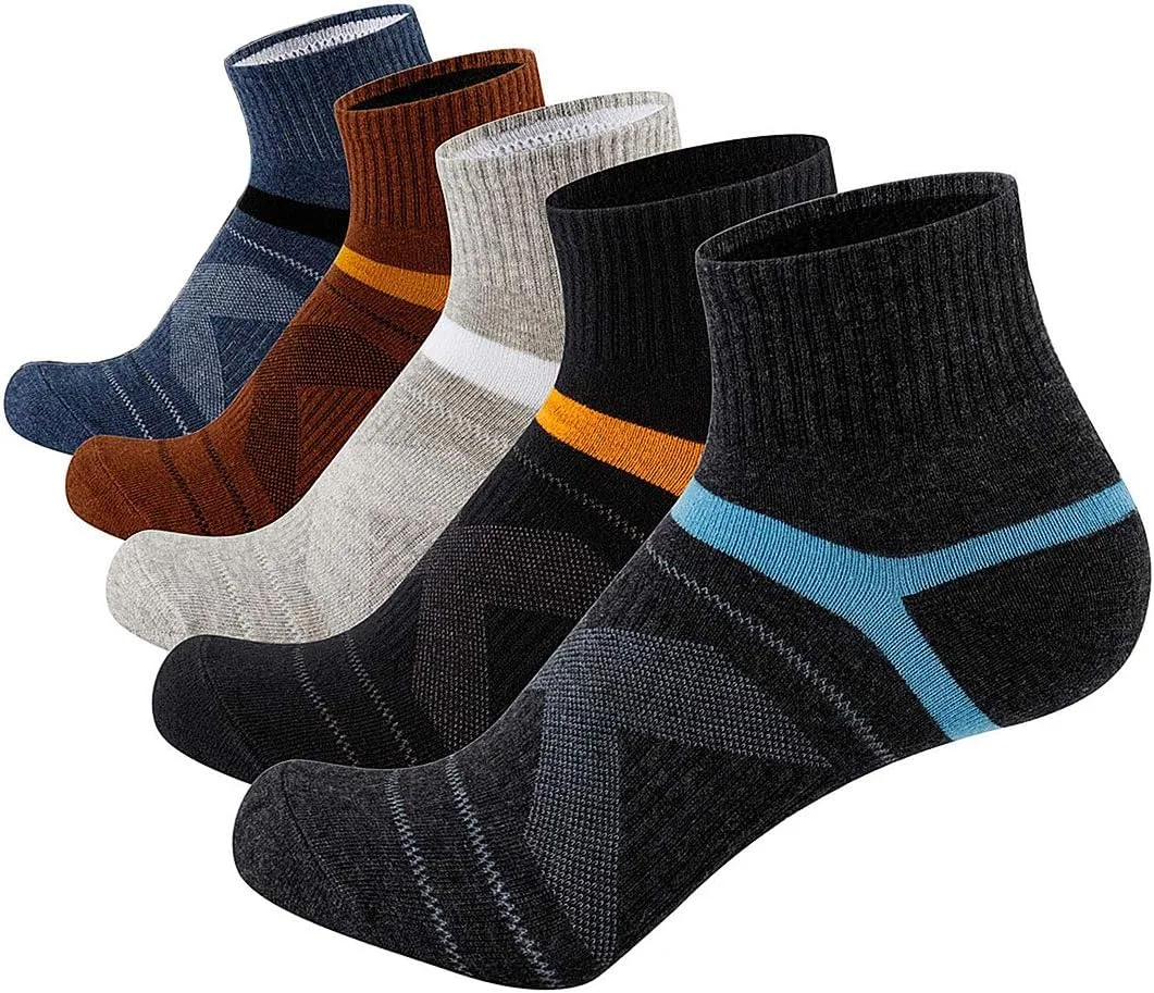 جوراب مردانه ورزشی مچی، جوراب های نخی بالشتک دار رنگارنگ برای ورزش - بسته 5 جفتی - سایز آزاد