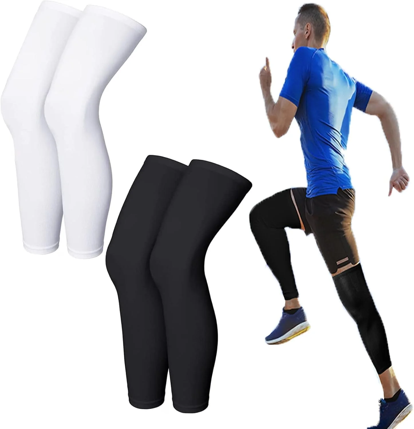 2 جفت ساق پوش ورزشی بسکتبال، ساق پوش فشاری بلند، ساق پوش های دوچرخه سواری ضد لغزش محافظت در برابر اشعه ماوراء بنفش برای مردان، زنان و بزرگسالان، مناسب بسکتبال، دویدن و سایر ورزش ها - مشکی و سفید