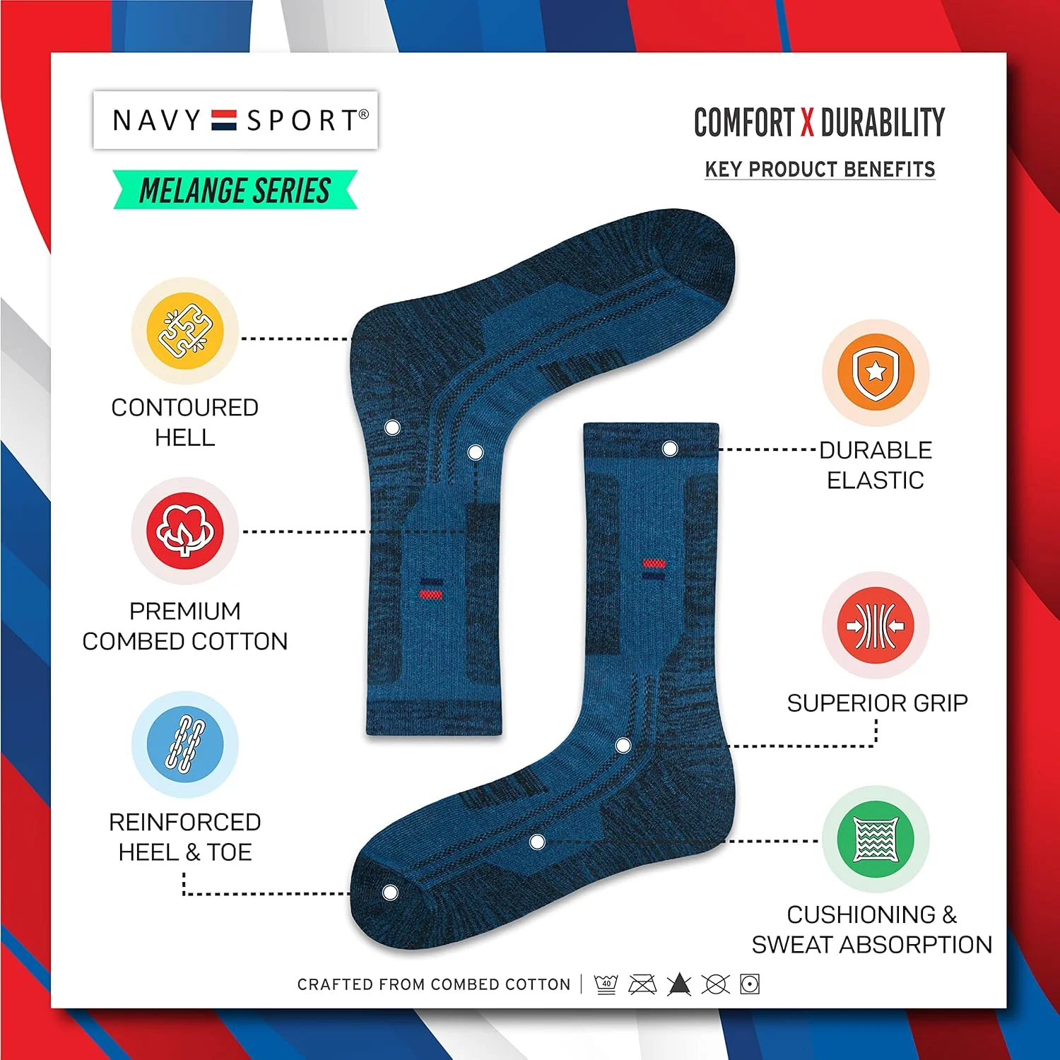 جوراب ورزشی مردانه ناوی‌اسپورت، جوراب ساق‌دار نخی حوله‌ای مردانه، بسته 3 عددی، سایز آزاد