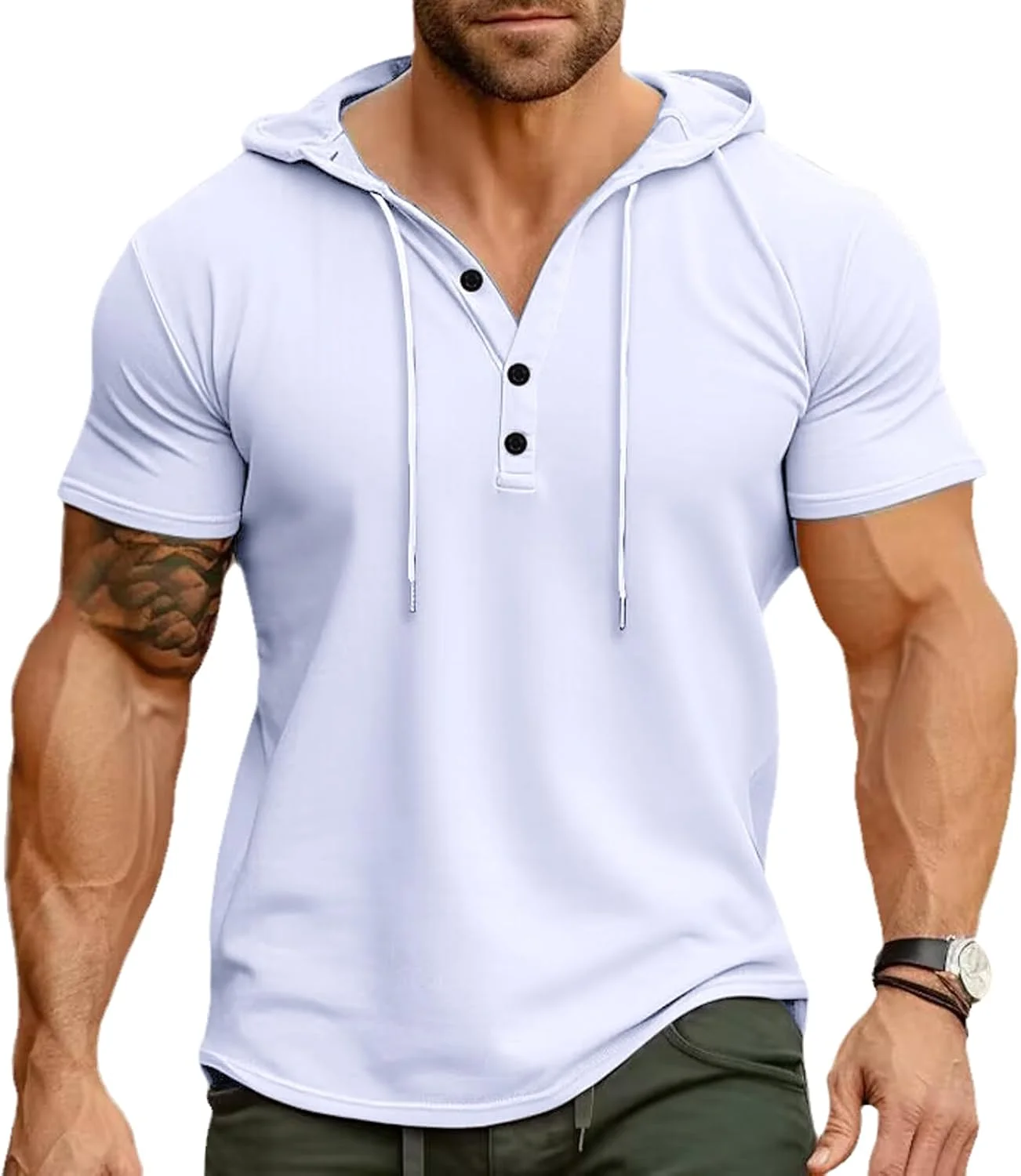 هودی آستین کوتاه مردانه مناسب ورزش و فضای باز، رنگ خالص، آزاد و تنفس پذیر