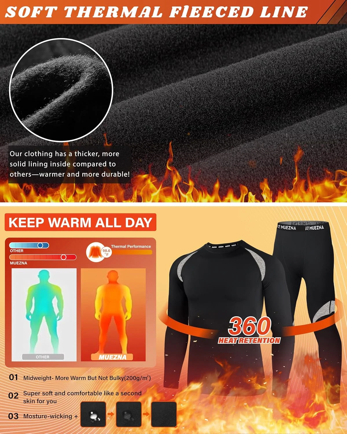 ست زیرپوش و شلوار حرارتی مردانه Muezna لایه زیرین با آستر پشمی نرم