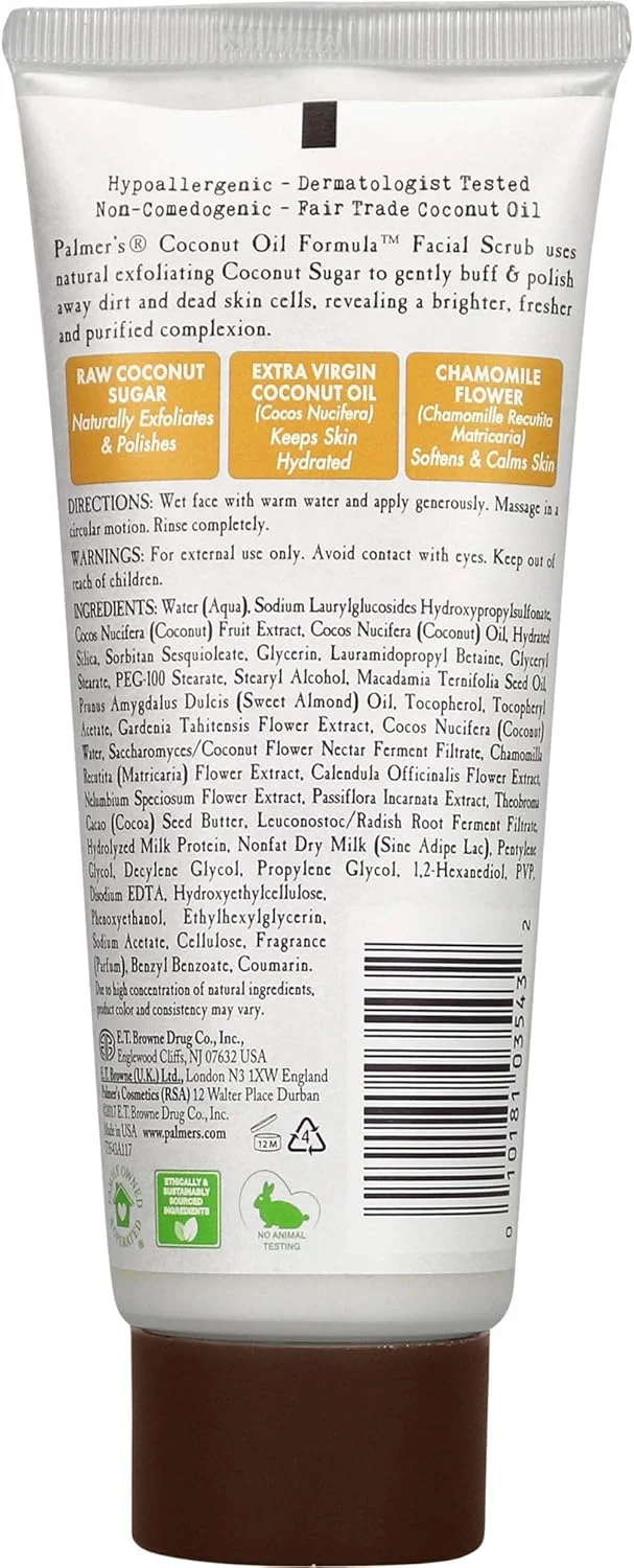 اسکراب صورت شکر نارگیل Palmer's حاوی روغن نارگیل و ویتامین E - لایه برداری، پاکسازی و نرم کننده پوست - روشن کننده و شاداب کننده پوست، ضد حساسیت - بدون پارابن، سولفات، رنگ و روغن معدنی - 90 گرم