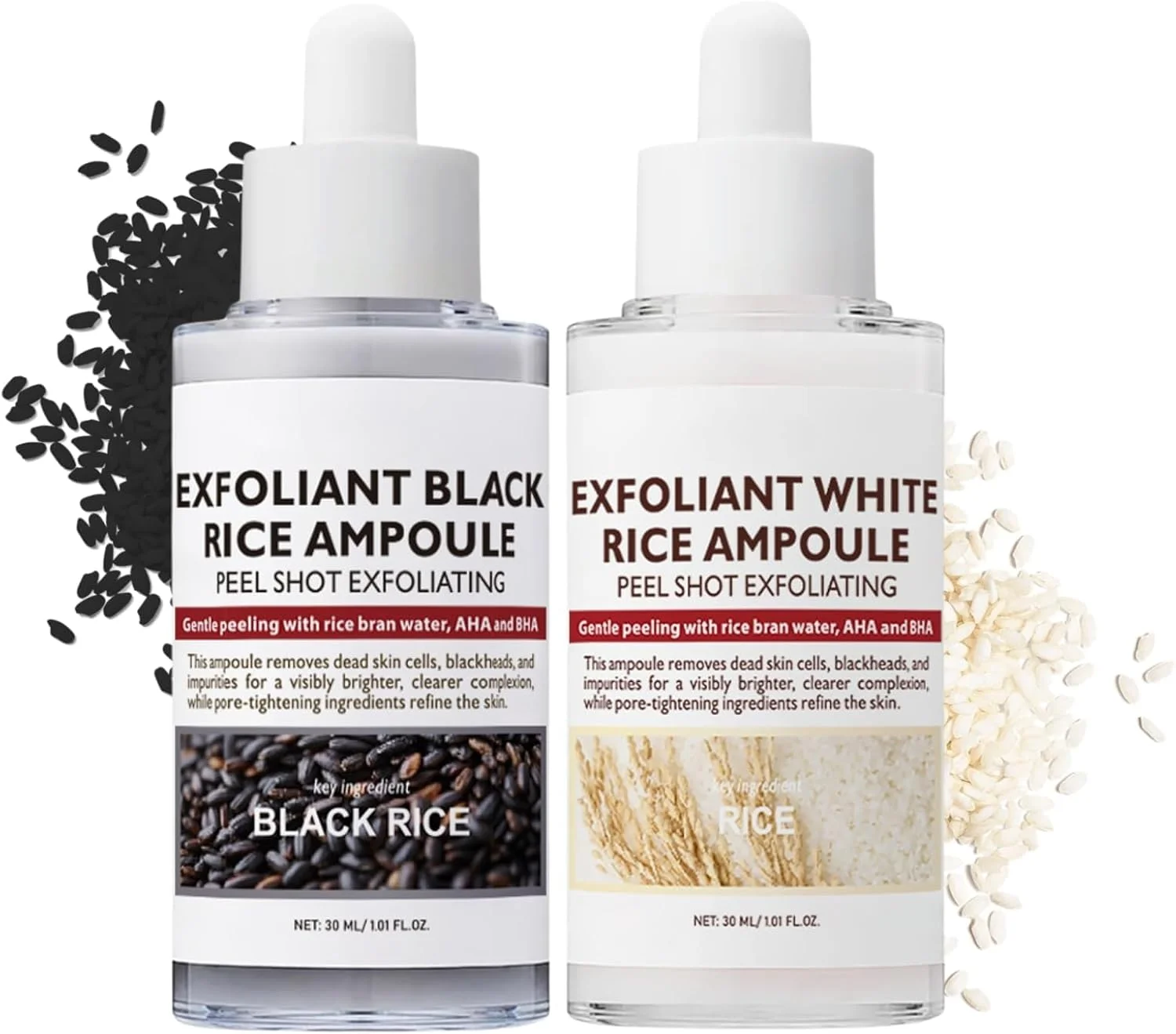 مجموعه دو عددی آمپول برنج درخشان پوست شامل آمپول برنج سفید + آمپول برنج سیاه - لایه بردار صورت - اسکراب ملایم لایه بردار صورت و بدن - سرم کوچک کننده منافذ - از بین برنده جوش های سرسیاه مناسب برای انواع پوست