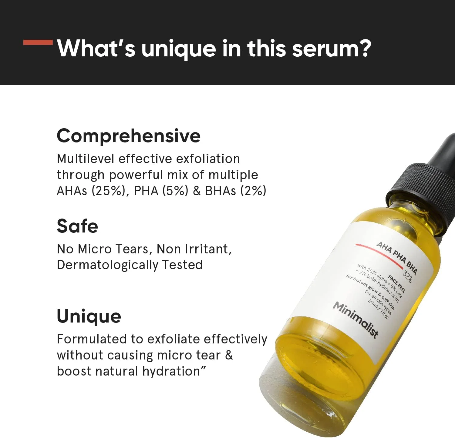 محلول لایه بردار مینیمالیست حاوی 25% AHA، 5% PHA و 2% BHA برای پوست درخشان، بافت صاف و پاکسازی منافذ | لایه بردار یا پیلینگ آخر هفته | 30 میلی لیتر محلول لایه بردار مینیمالیست حاوی 25% AHA، 5% PHA و 2% BHA برای پوست درخشان، بافت صاف و پاکسازی منافذ | لایه بردار یا پیلینگ آخر هفته | 30 میلی لیتر