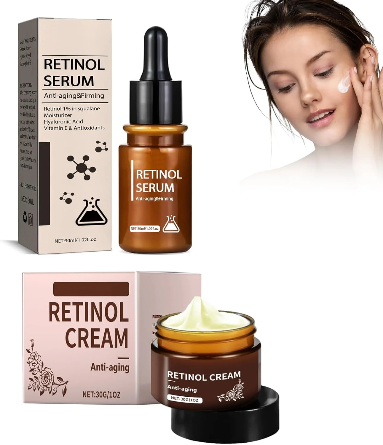 کرم و سرم ۱% رتینول - درمان ضد پیری صورت برای بانوان، کرم سفت کننده صورت غنی شده با ویتامین E، کاهش چین و چروک و حلقه های تیره، مرطوب کننده شب دارای گواهی حلال