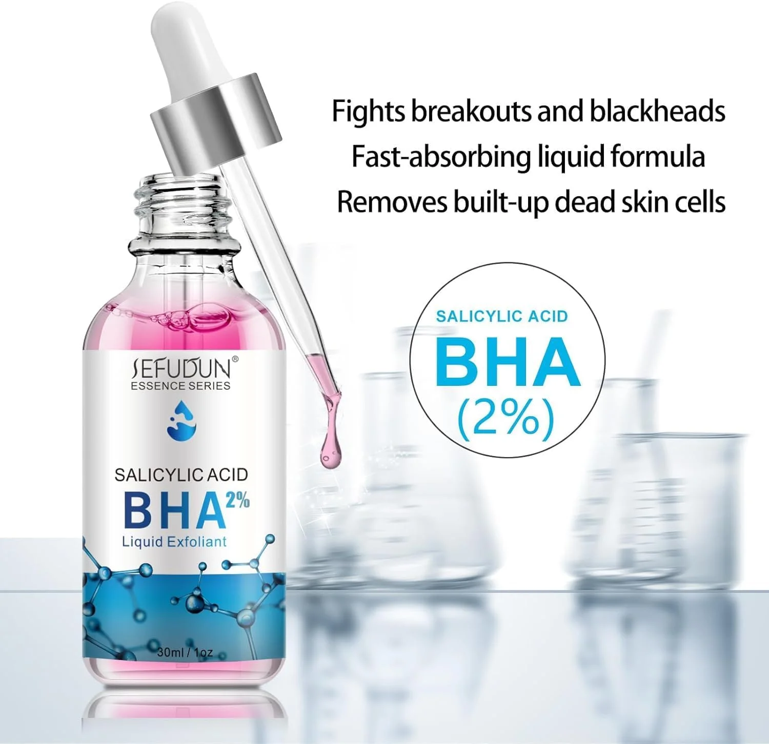 سرم اسید سالیسیلیک FUIN برای صورت، لایه بردار مایع با 2% BHA، درمان سفت کننده صورت برای جوش ها و آکنه، محلول کوچک کننده منافذ، فرمول تجدید ملایم پوست