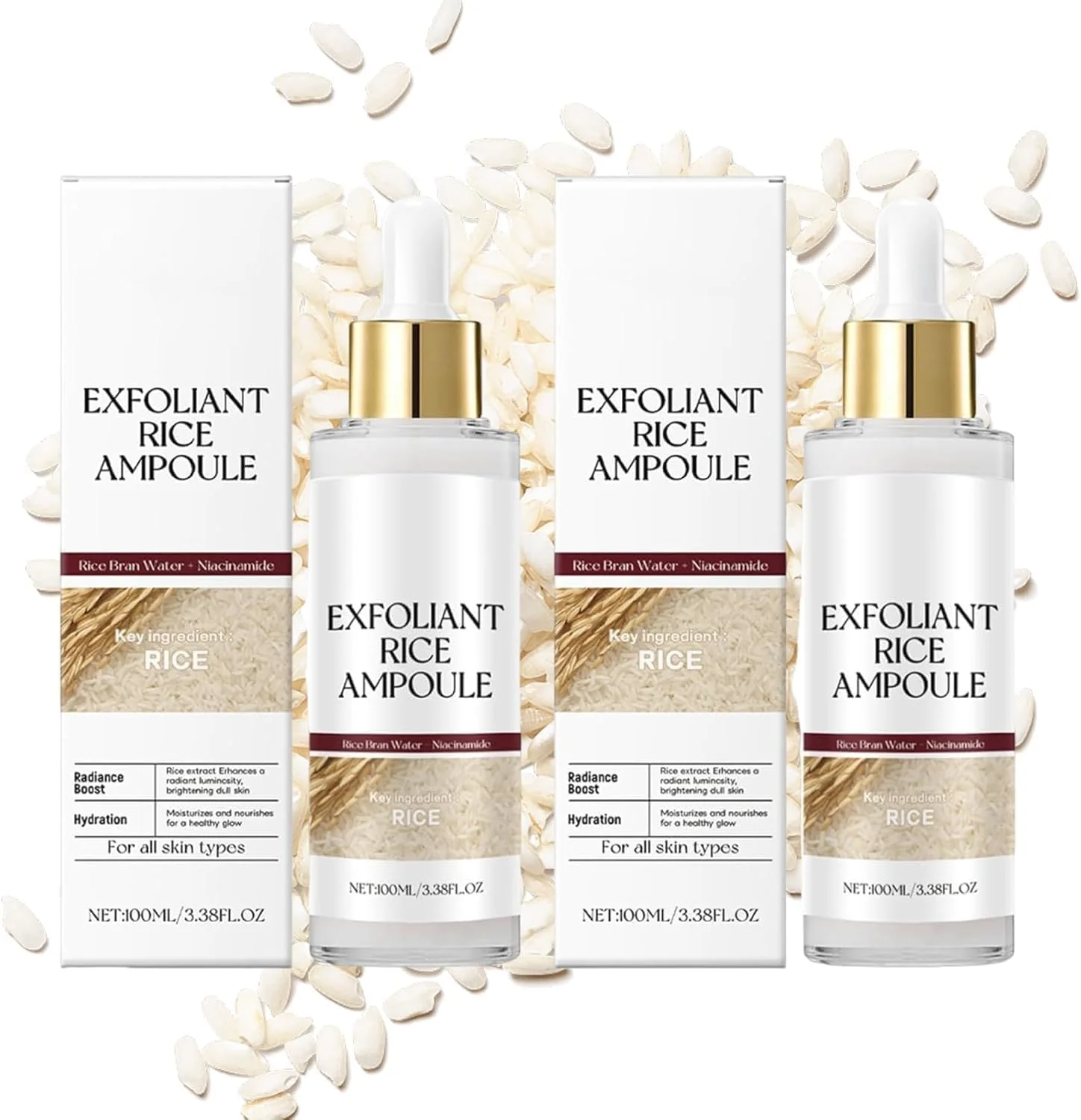 مجموعه دو عددی آمپول برنج لایه بردار پوست، مجموعه آمپول لایه بردار برنج، آمپول لایه بردار، لایه بردار ملایم برنج برای صورت و بدن، لایه بردار برنج سیاه و سفید برای انواع پوست، سفید
