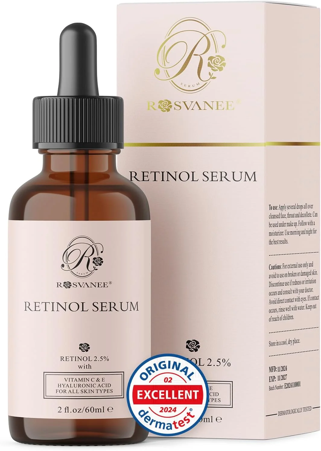 سرم رتینول برای صورت 60 میلی لیتر - قدرت بالا با 2.5% رتینول، اسید هیالورونیک، ویتامین C و E، سرم صورت ضد پیری برای ترمیم پوست، آکنه، جای زخم، لکه های تیره، خطوط ریز و چروک