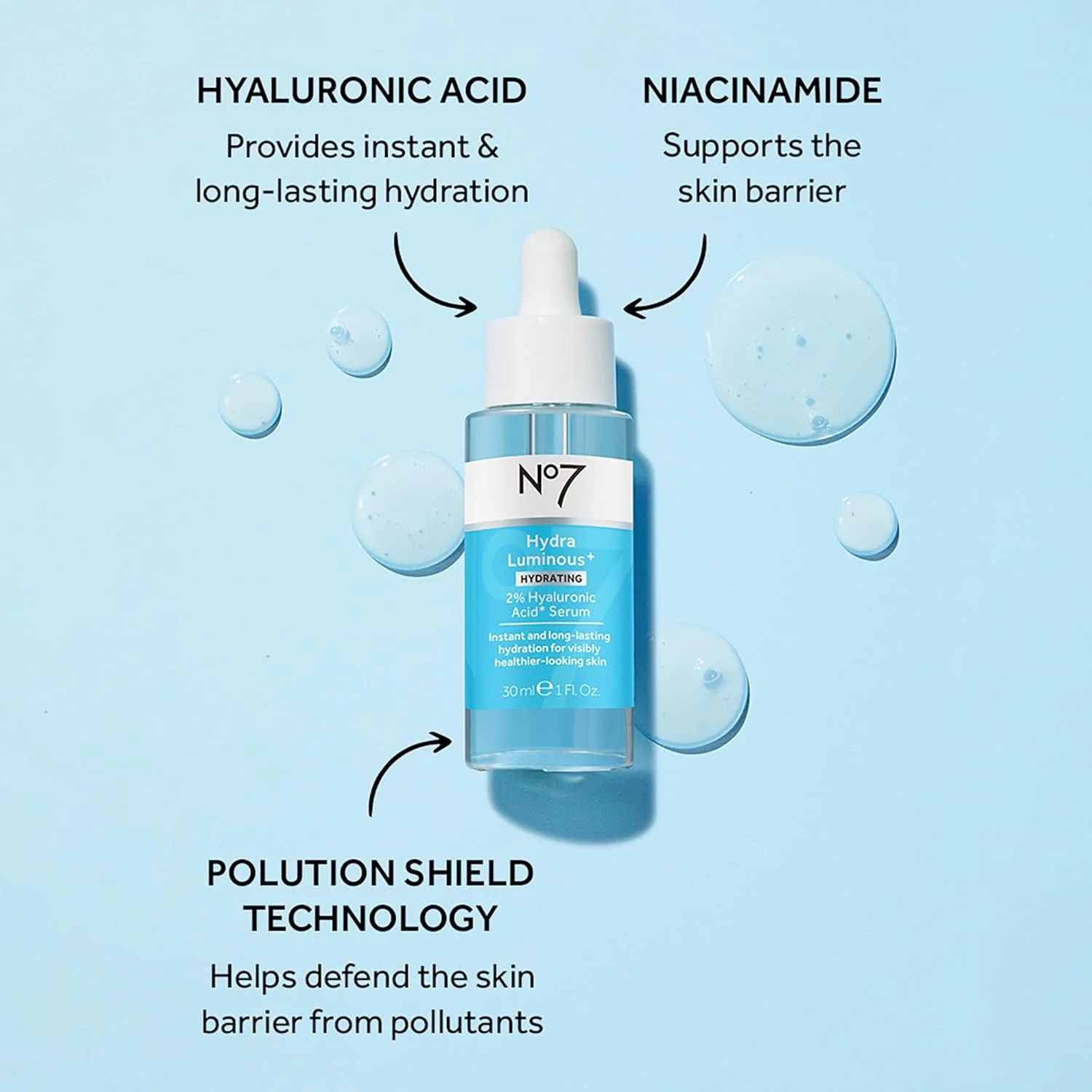 سرم آبرسان صورت حاوی 2% هیالورونیک اسید No7 HydraLuminous+ با 5% نیاسینامید ویتامین B3 برای تقویت ترمیم سد پوستی - برای پوستی درخشان و سالم تر (30 میلی لیتر)