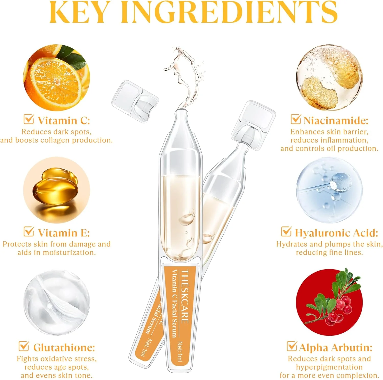 سرم صورت ویتامین C با اسید هیالورونیک، گلوتاتیون، ویتامین E و نیاسینامید، سرم صورت ضد پیری برای چین و چروک و لکه های تیره، آبرسان و درخشان کننده، 30 آمپول