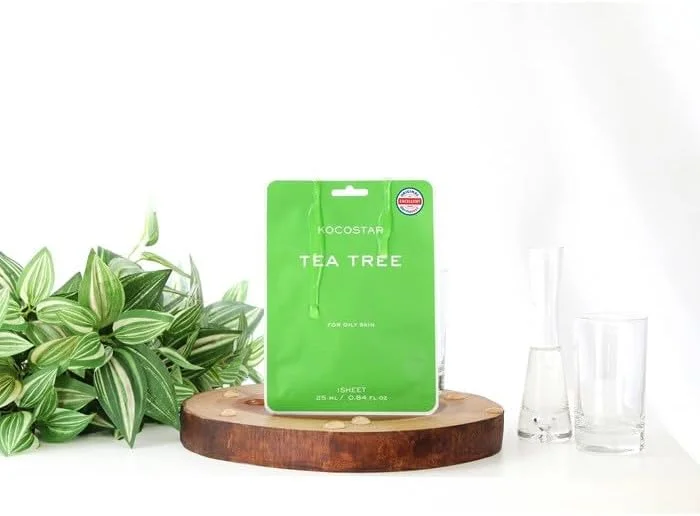 ماسک صورت ورقه‌ای گیاهی کره‌ای کوکواستار با عصاره درخت چای | بسته 100 عددی | 25 میلی‌لیتر | درمان تسکین‌دهنده و شفاف‌کننده برای پوست‌های چرب و مختلط