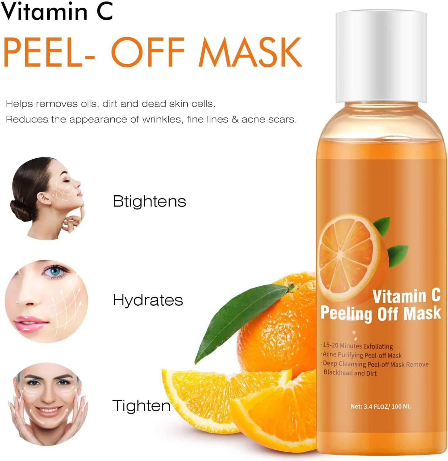 ماسک صورت ویتامین C، پاک کننده جوش های سرسیاه و لایه بردار ملایم منافذ باز، ماسک دست پاک کننده عمیق برای روشن کردن پوست، 100 میلی لیتر
