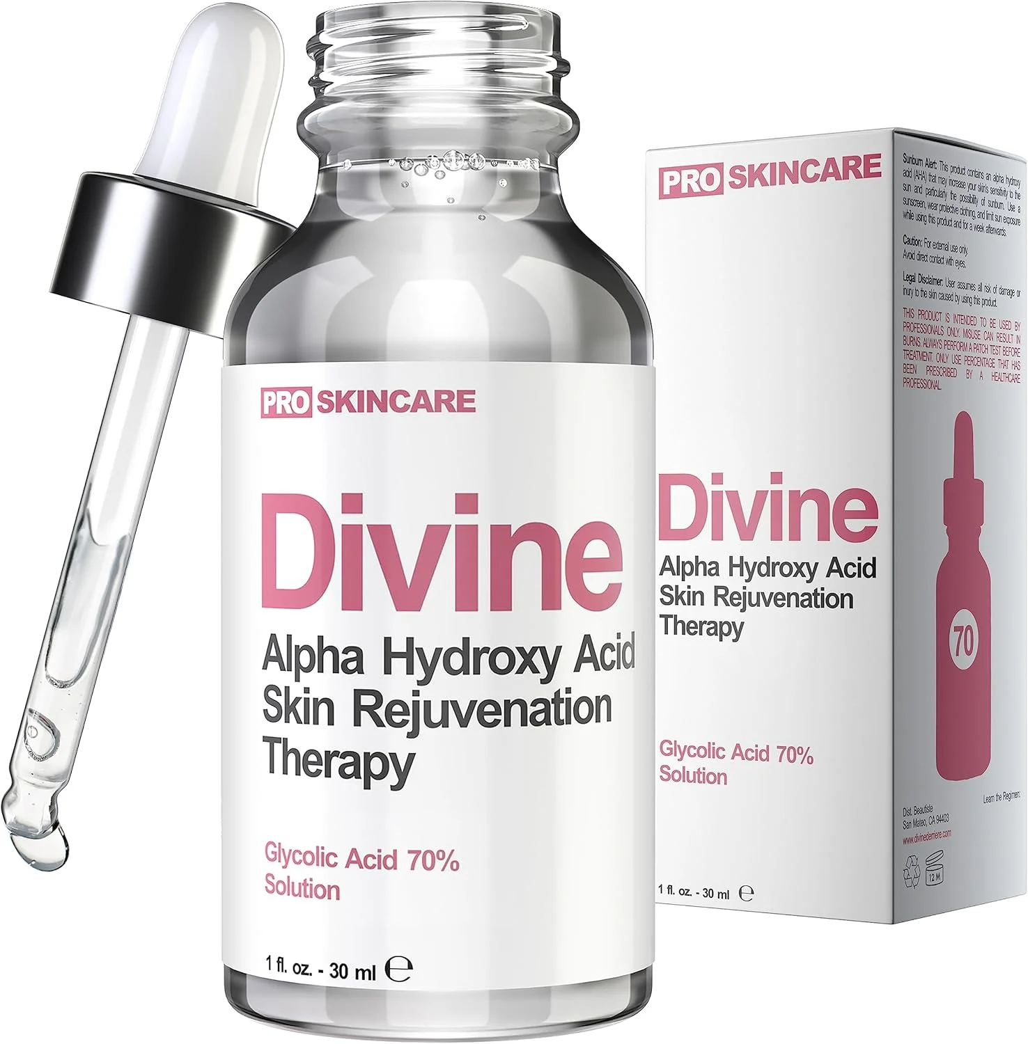 لایه بردار شیمیایی حرفه ای گلیکولیک اسید 70% Divine Derriere - لایه بردار قوی آلفا هیدروکسی اسید برای جای زخم آکنه، چروک، خطوط ریز و لکه های قهوه ای. 30 میلی لیتر