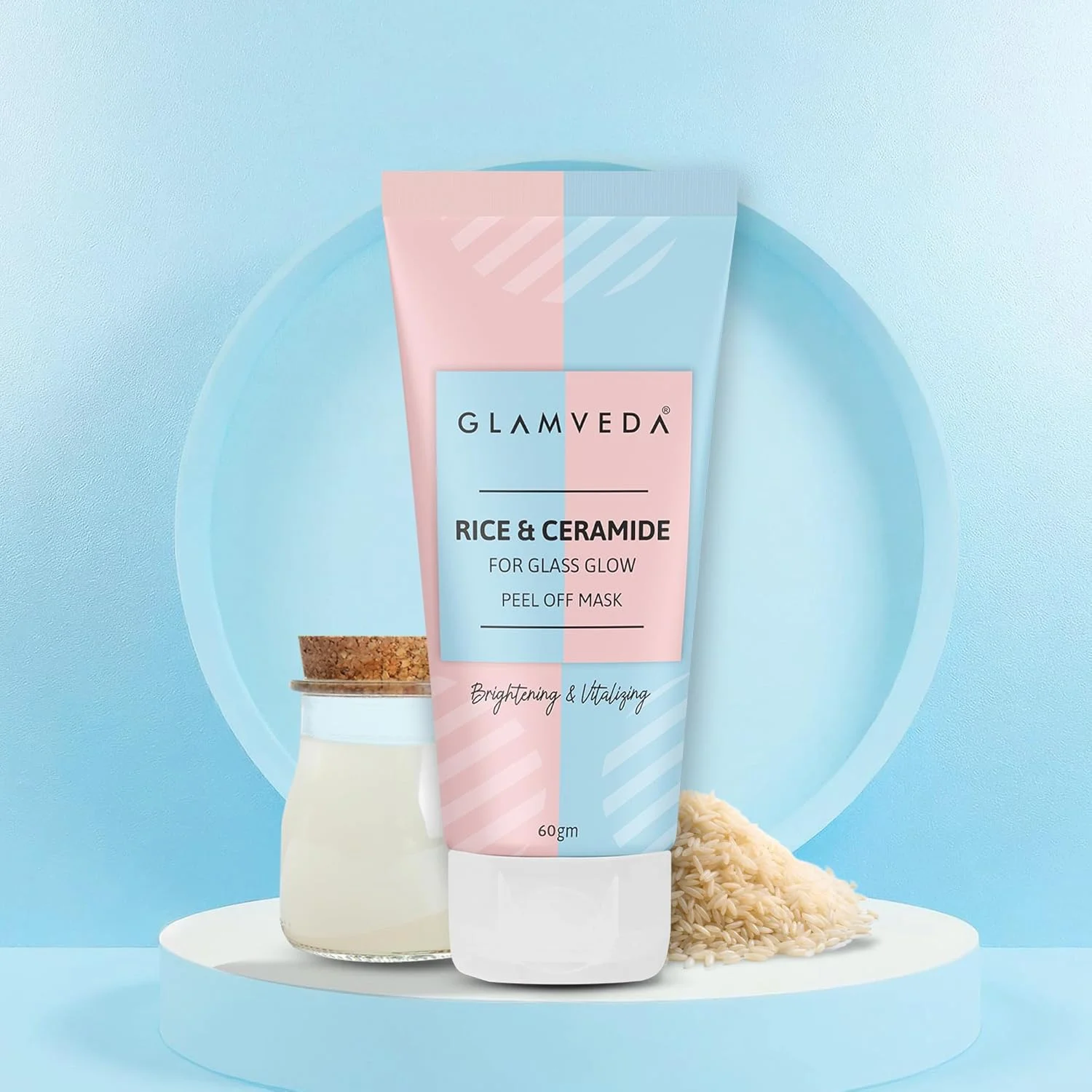 ماسک لایه بردار برنج و سرامید Glamveda | آبرسان و تقویت کننده سد دفاعی پوست | روشن کننده، یکنواخت کننده رنگ پوست و کاهش علائم پیری | مناسب انواع پوست | بسته 60 گرمی
