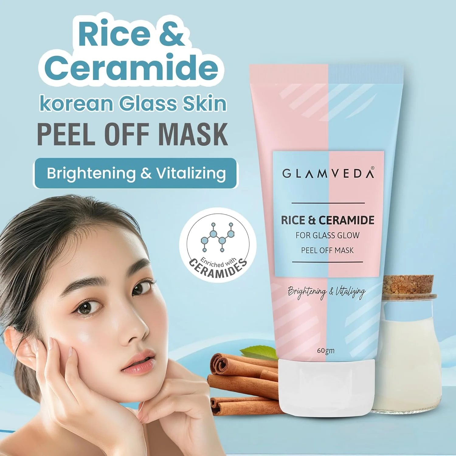 ماسک لایه بردار برنج و سرامید Glamveda | آبرسان و تقویت کننده سد دفاعی پوست | روشن کننده، یکنواخت کننده رنگ پوست و کاهش علائم پیری | مناسب انواع پوست | بسته 60 گرمی