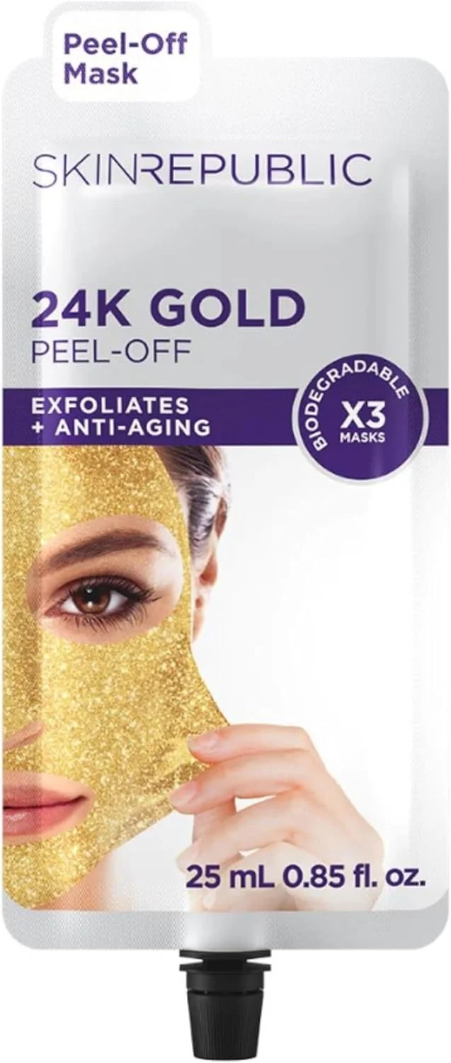 Skin Republic 24K Gold Peel-Off Mask (3 Masks) – Anti-Aging Face Mask with Green Tea, Pomegranate & Fruit Acids – Exfoliates, Reduces Fine Lines & Wrinkles, Brightens, Restores & Protects Skin