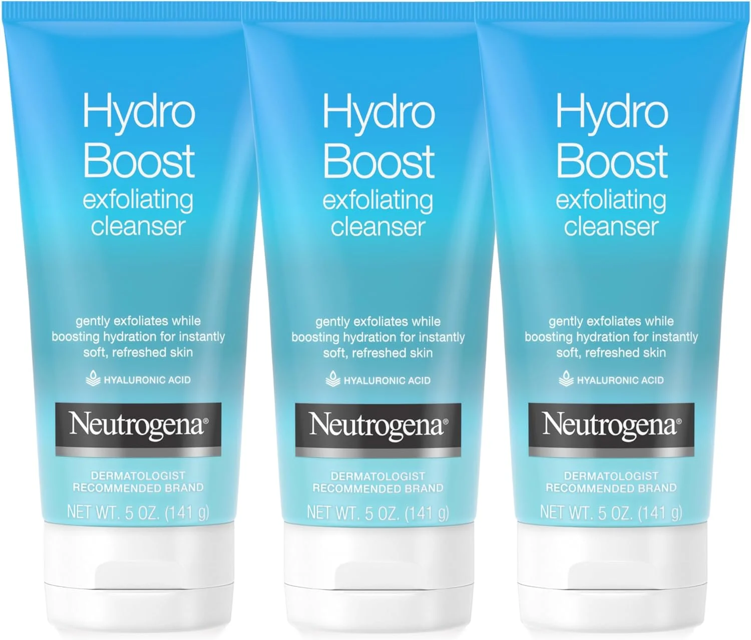 شوینده ملایم لایه بردار روزانه صورت نوتروژینا Hydro Boost حاوی هیالورونیک اسید، از نظر بالینی ثابت شده است که سطح آبرسانی پوست را افزایش می دهد، غیر کومدون زا، فاقد روغن، صابون و پارابن، 147 میلی لیتر، بسته 3 عددی