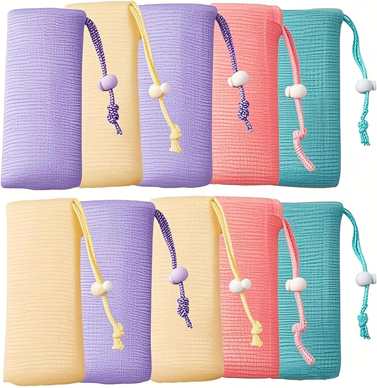 بسته 10 عددی کیسه توری صابون لایه بردار با بند کشی - کیسه های صابون فوم قابل استفاده مجدد برای تمیز کردن ملایم بدن و صورت، تورهای صابون حمام با پاکسازی عمیق، اسکرابر حمام سازگار با محیط زیست، شامل رنگ های تصادفی