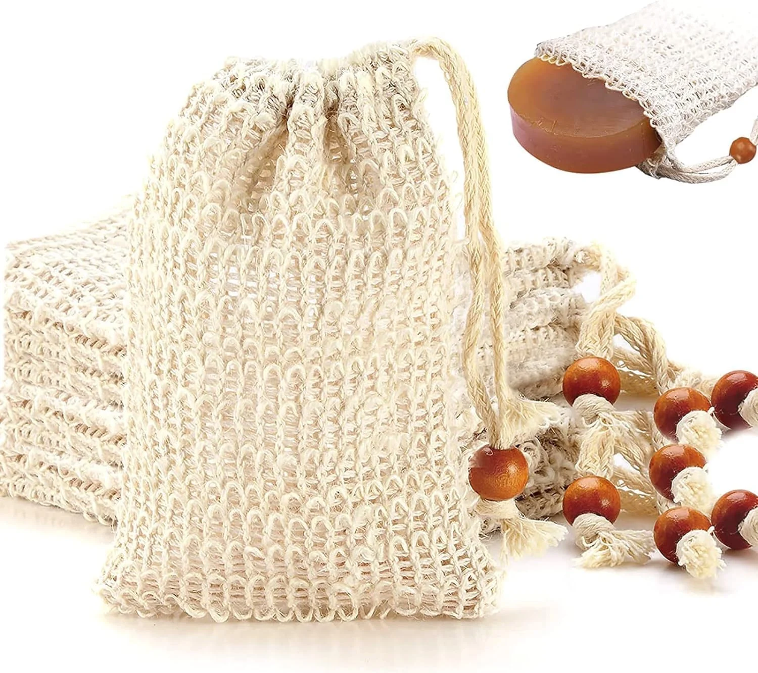 بسته 4 عددی کیسه لیف صابون، کیسه صابون کنفی، کیسه صابون لایه بردار با بند کشی، کیسه صابون با مهره چوبی برای کف کردن و خشک کردن صابون، کیسه توری محافظ صابون برای حمام/دوش