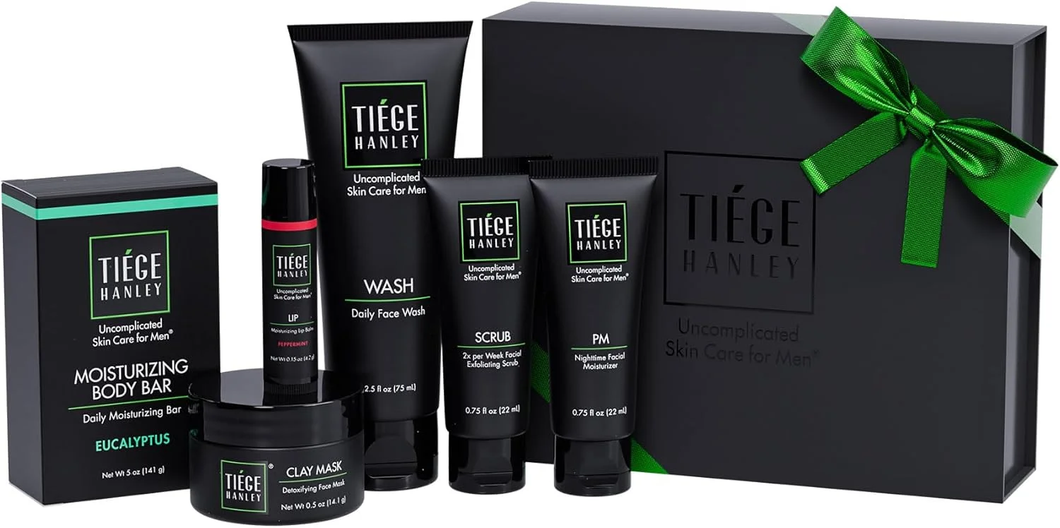 مجموعه هدیه مراقبت از پوست مردانه Tiege Hanley، نقره ای - مجموعه مراقبت از پوست مردانه شامل شستشوی صورت، اسکراب لایه بردار، مرطوب کننده صورت، ماسک خاک رس صورت، بالم لب مرطوب کننده و صابون بدن مرطوب کننده