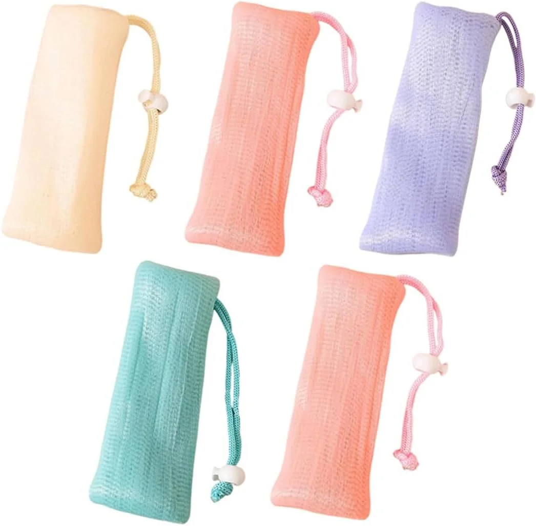 ۵ عدد کیسه توری صابون، لیف لایه بردار، کیسه توری محافظ صابون، تور فوم حباب ساز برای ابزار شستشوی صورت و بدن در حمام