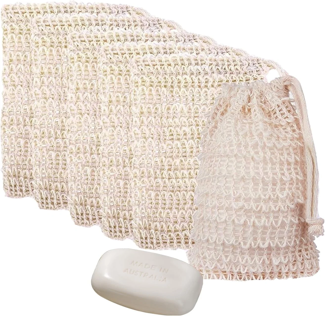 بسته 5 عددی کیسه نگهداری صابون، 9 * 14 سانتی متر، کیسه های توری با بافت کتان برای ایجاد کف برای شستشوی صورت و بدن، توری های کف کننده قابل استفاده مجدد